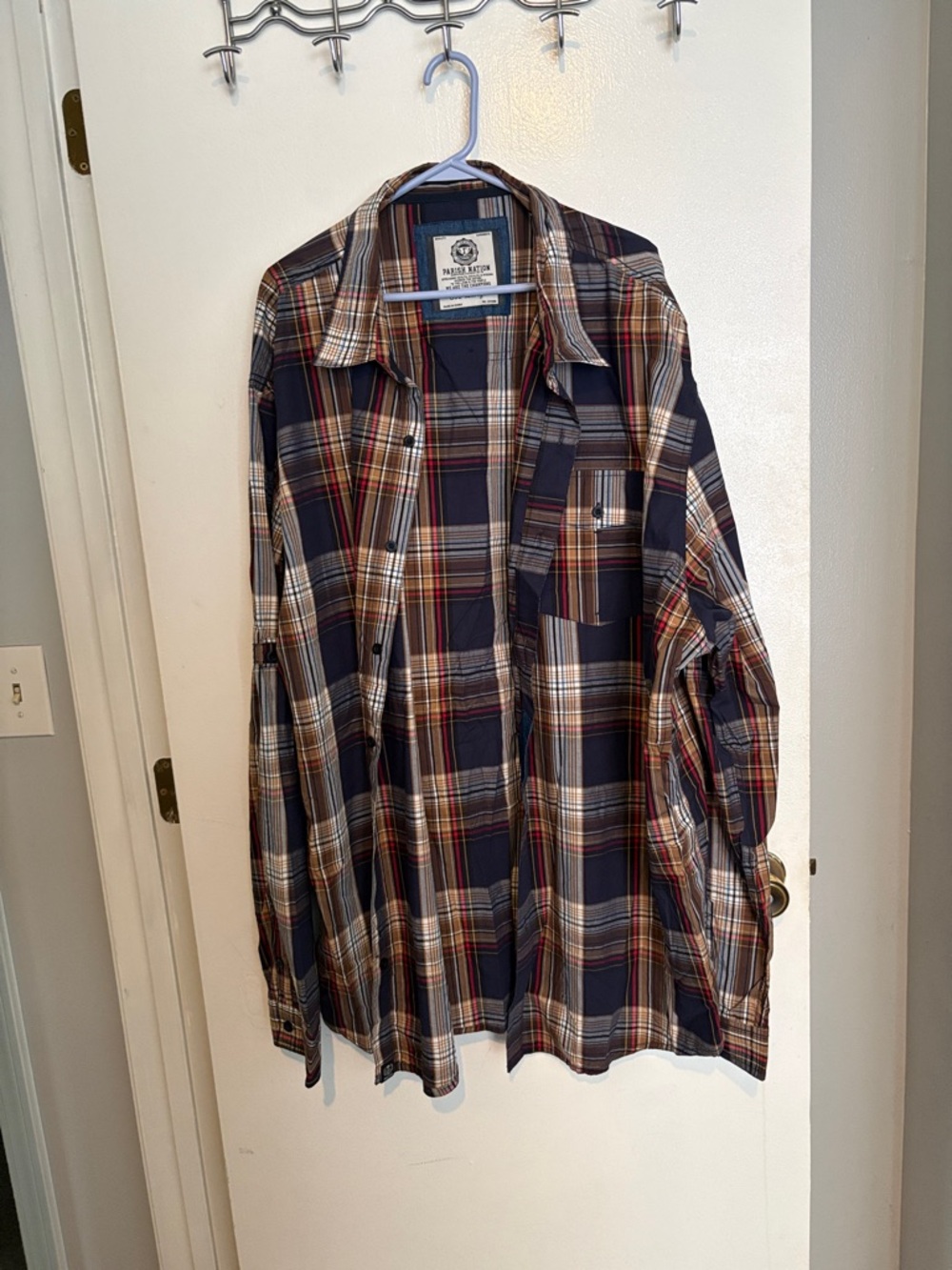 NWOT Parish Nation Navy and Brown Plaid Button-Up Shirt